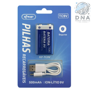 BATERIA 9V RECARREGÁVEL 500MAH VIA TIPO C USB 4500 mwH TC9V